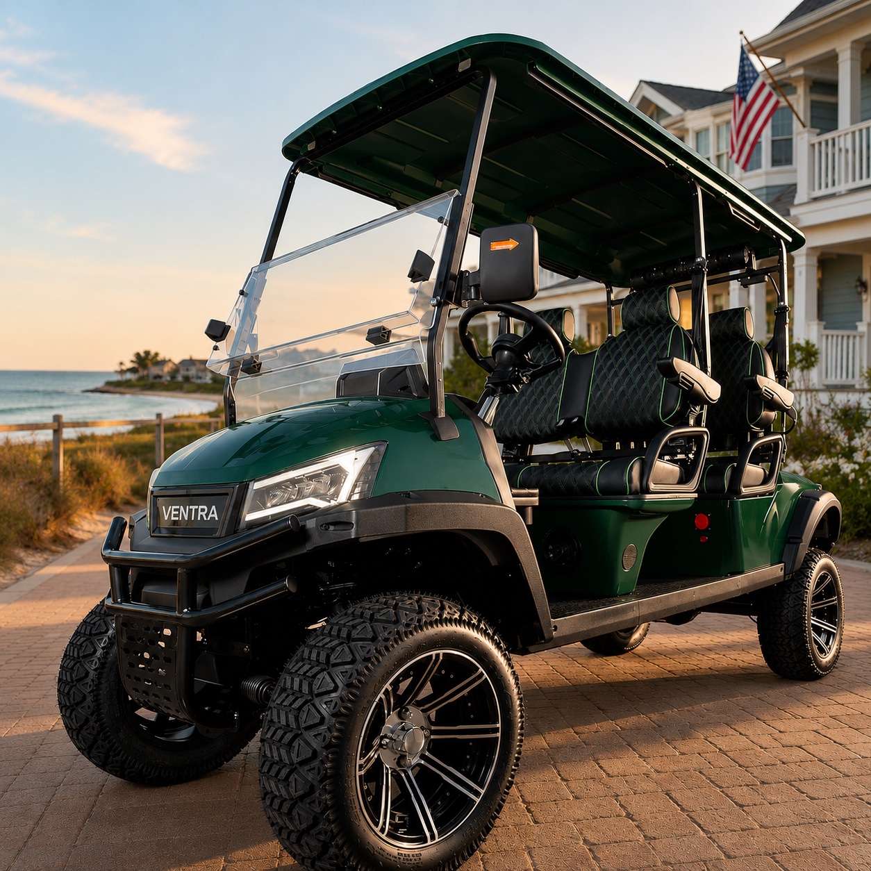 Ventra deep green four-seat electric golf cart on a brick walkway at the New Jersey shore